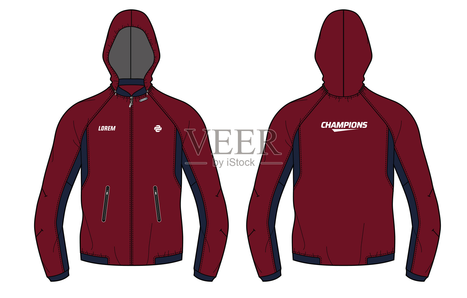 长袖轰炸机连帽夹克设计模板在向量，轰炸机连帽夹克与前和后视图，连帽冬季夹克的男人和女人。冬季跑步和锻炼插画图片素材