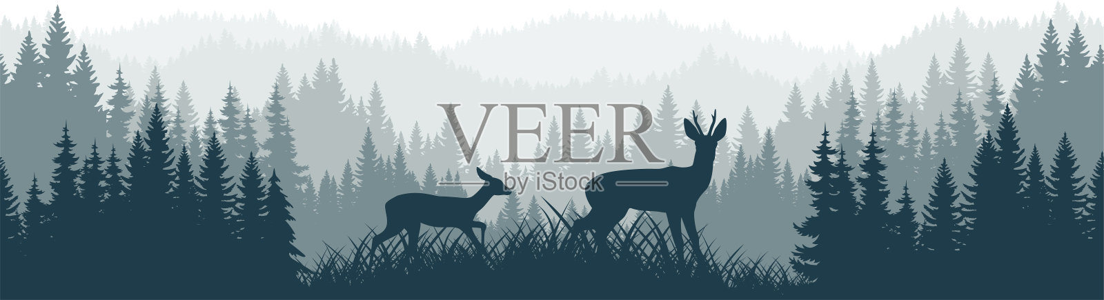 矢量山森林林地背景纹理无缝花纹与狍鹿插画图片素材