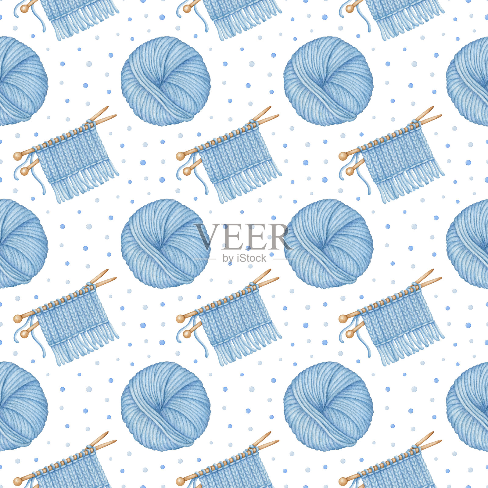 水彩针织工具无缝图案。蓝羊毛绞纱，木制针织针，正在生产的针织面料。手绘背景设计打印插画图片素材