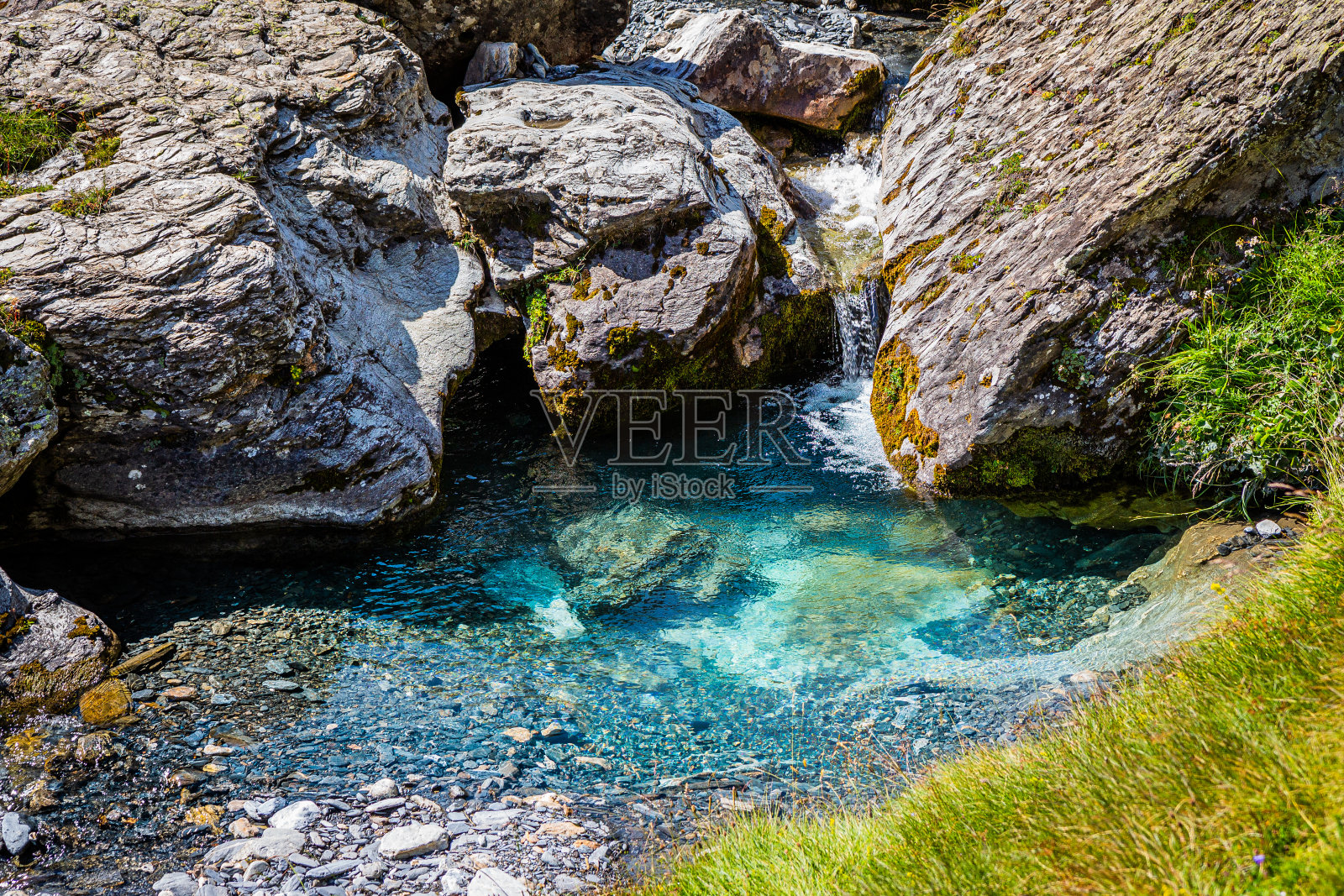 美丽的蓝绿色的水，非常干净，周围是岩石和草照片摄影图片