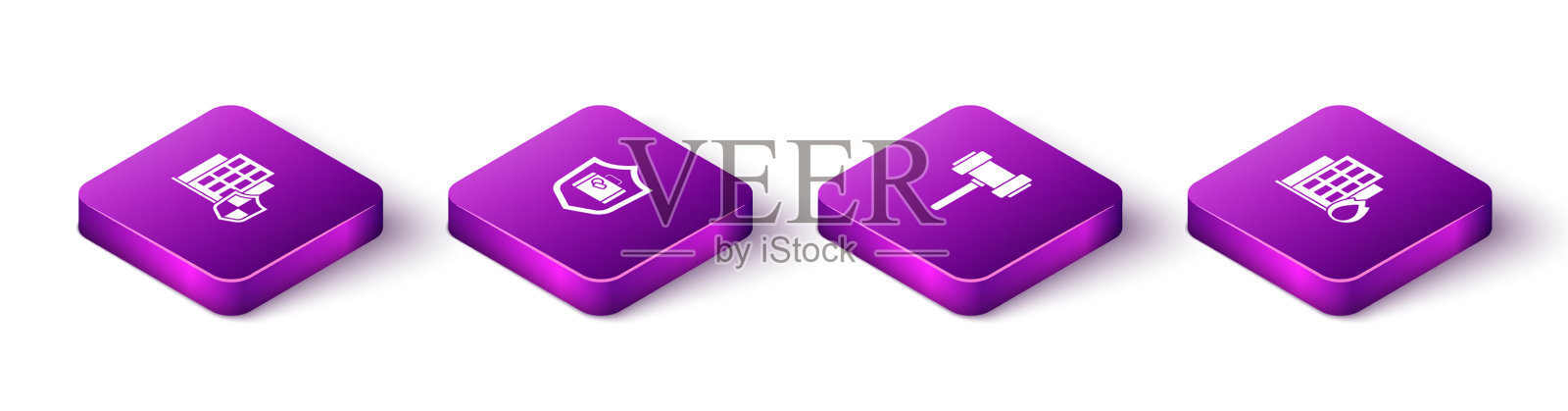 设置等距房屋与盾牌旅行手提箱图标素材