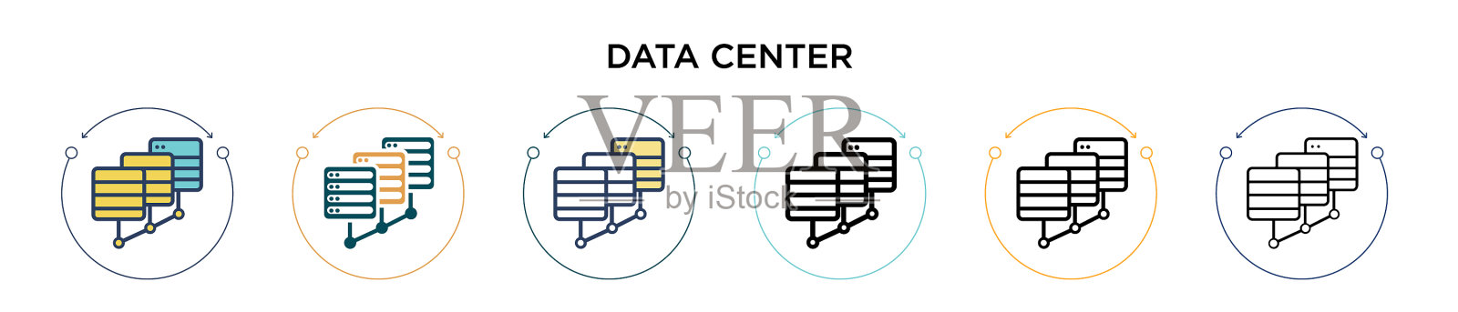 数据中心图标在填充细线轮廓和插画图片素材