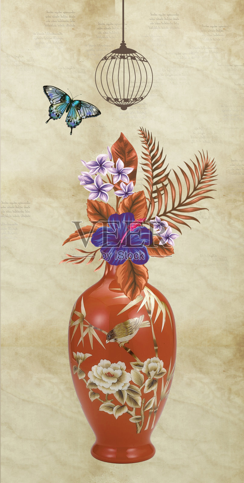 3D彩色花卉蝴蝶花瓶插画，浅色背景，适用于画布墙艺术画框照片摄影图片