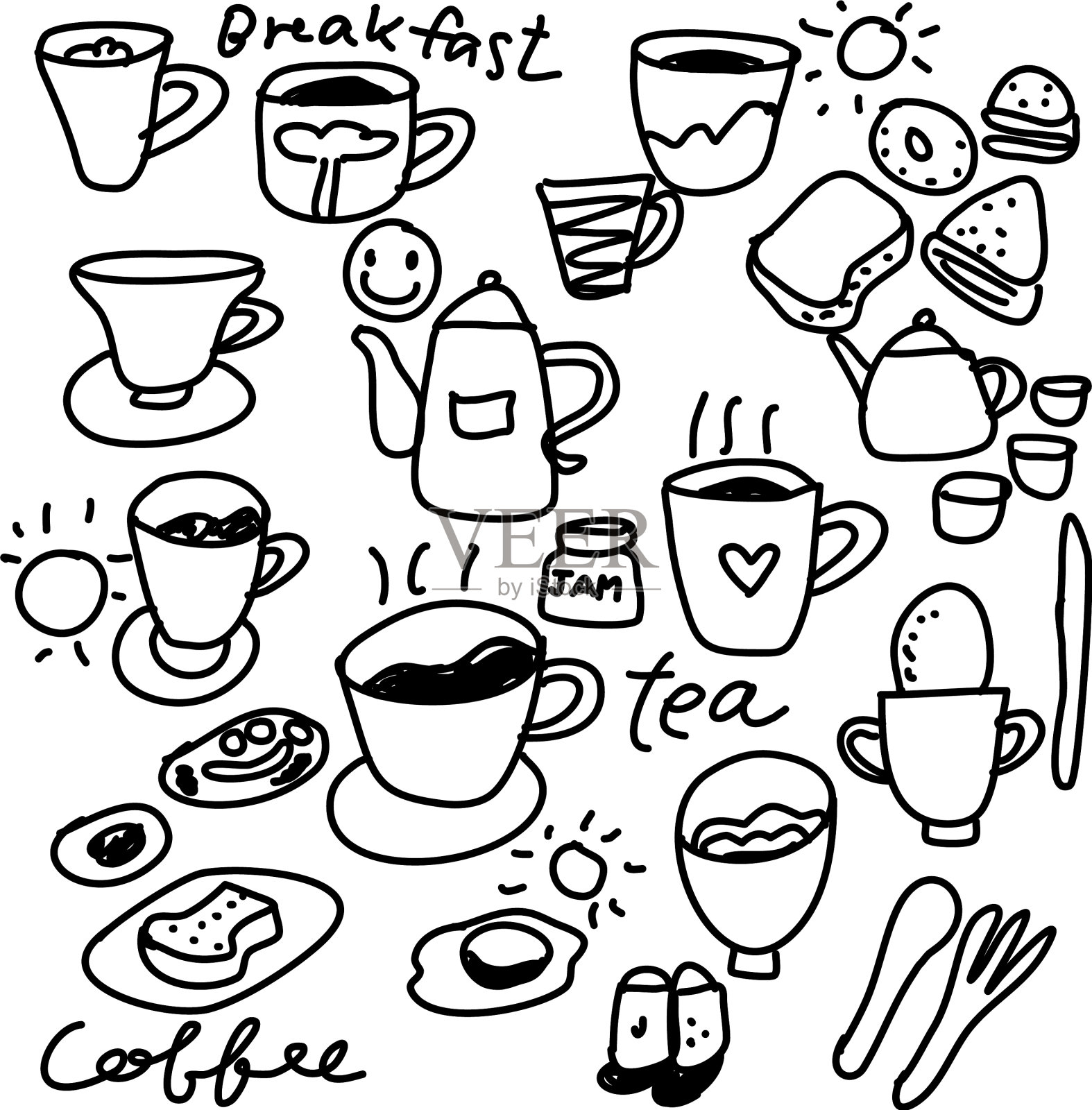 早餐咖啡和茶涂鸦卡通插画图片素材