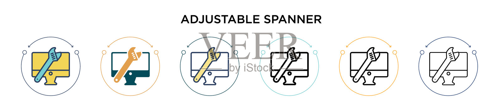 可调节扳手图标在填充细线插画图片素材