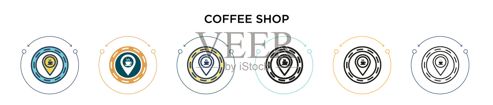 咖啡店图标在填充细线轮廓和图标素材