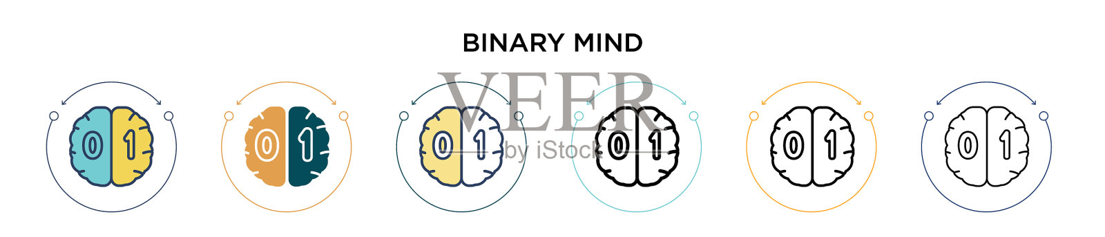 二进制头脑图标在填充细线轮廓和插画图片素材