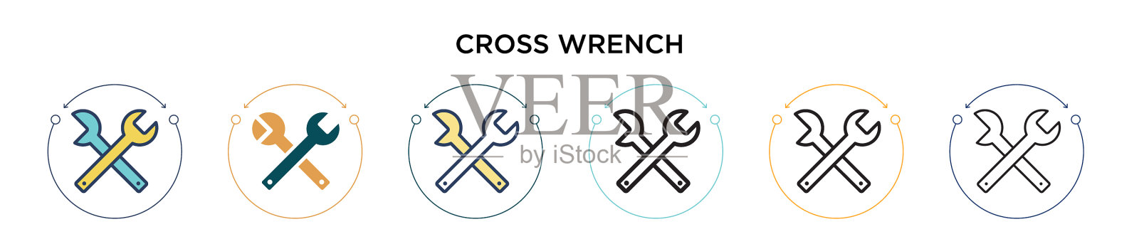 十字扳手图标在填充细线轮廓和插画图片素材