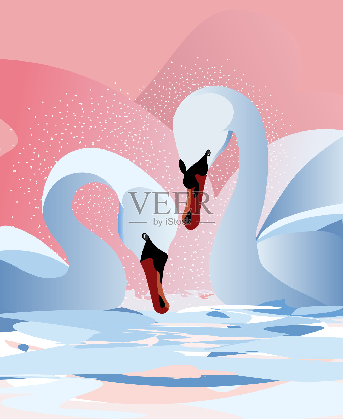 两只白天鹅与水花在湖上，粉红色的背景，矢量画插画图片素材