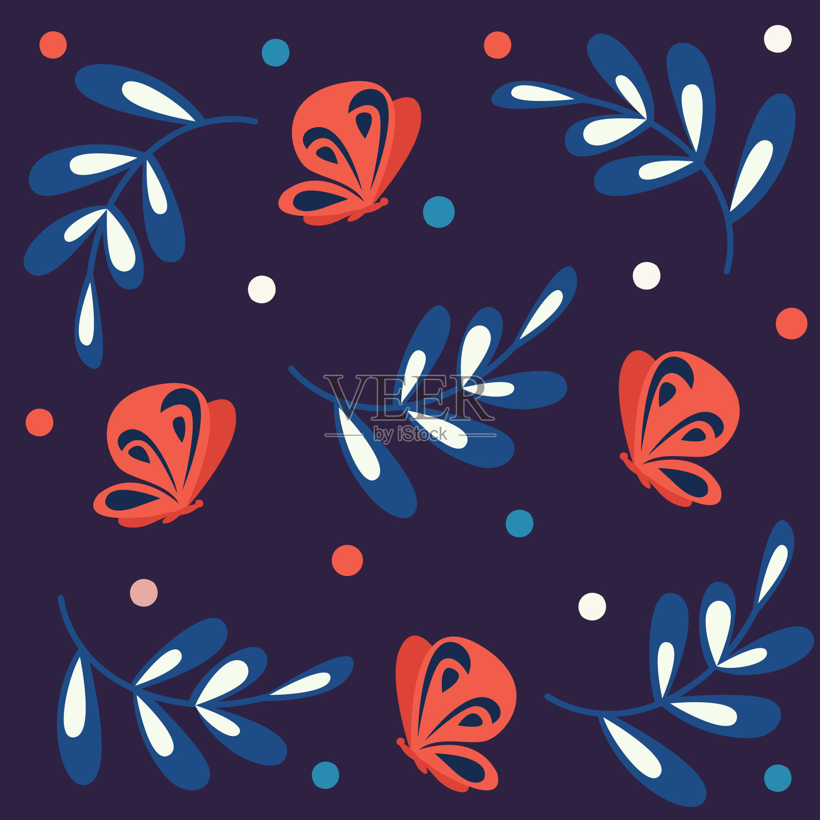 无缝模式与蝴蝶在蓝色的背景。伟大的打印装饰。插画图片素材