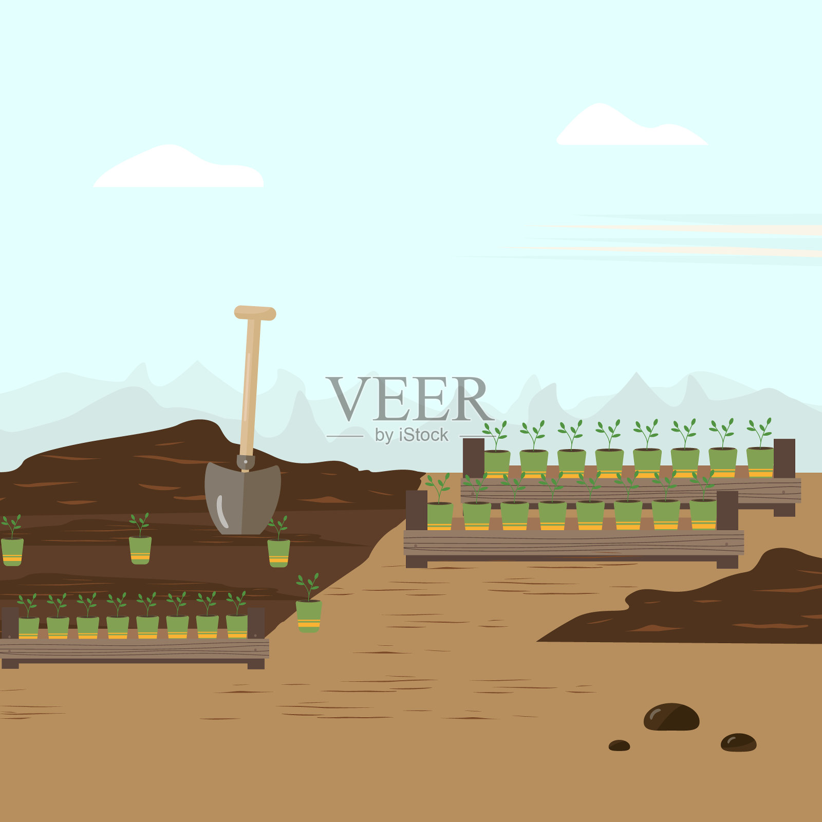 菜园。种植的过程。园艺工具，床和幼苗。春天田野调查的概念。矢量图插画图片素材