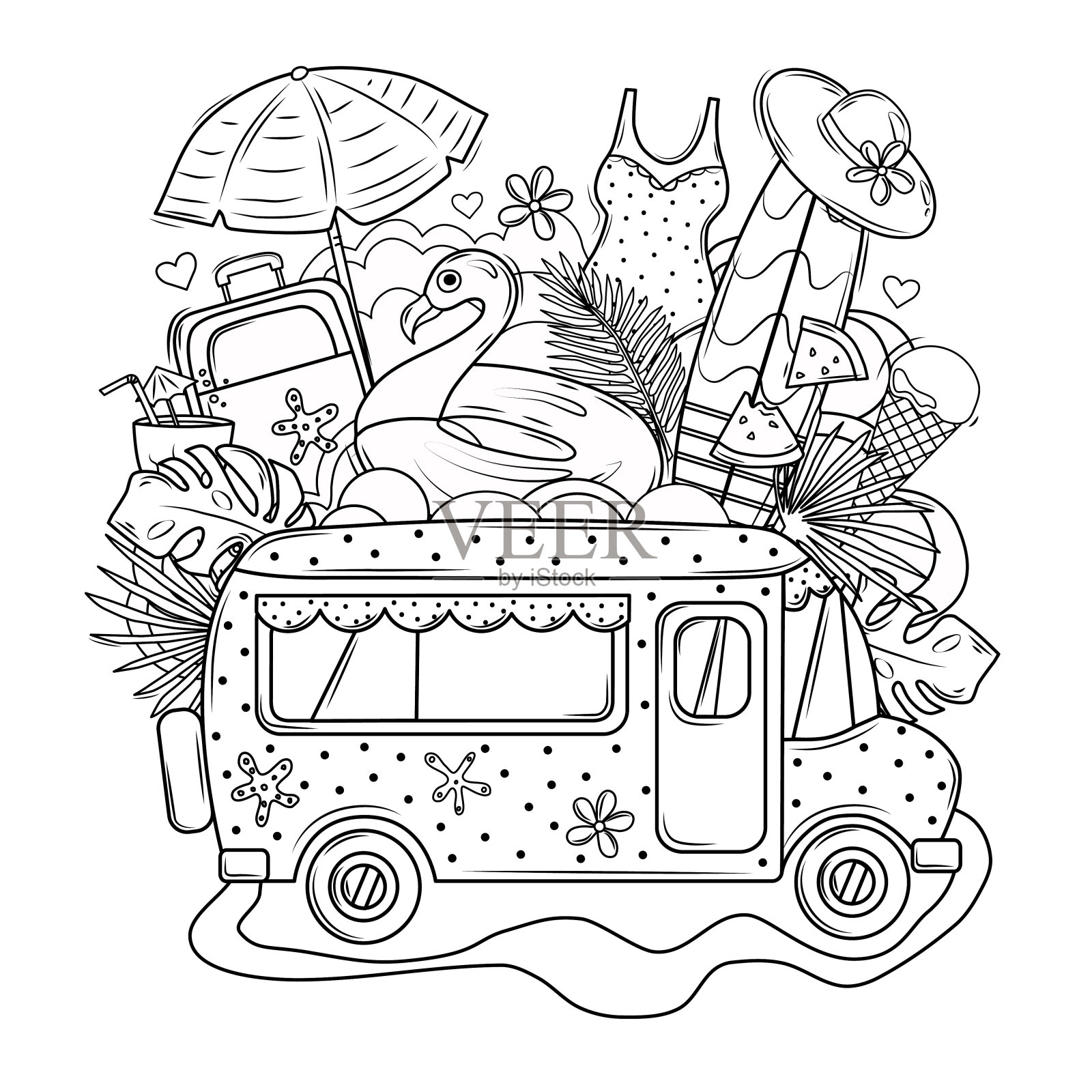 夏天着色书。乘公共汽车去海边旅行。成人涂色书。向量集。对象是隔离的。插画图片素材