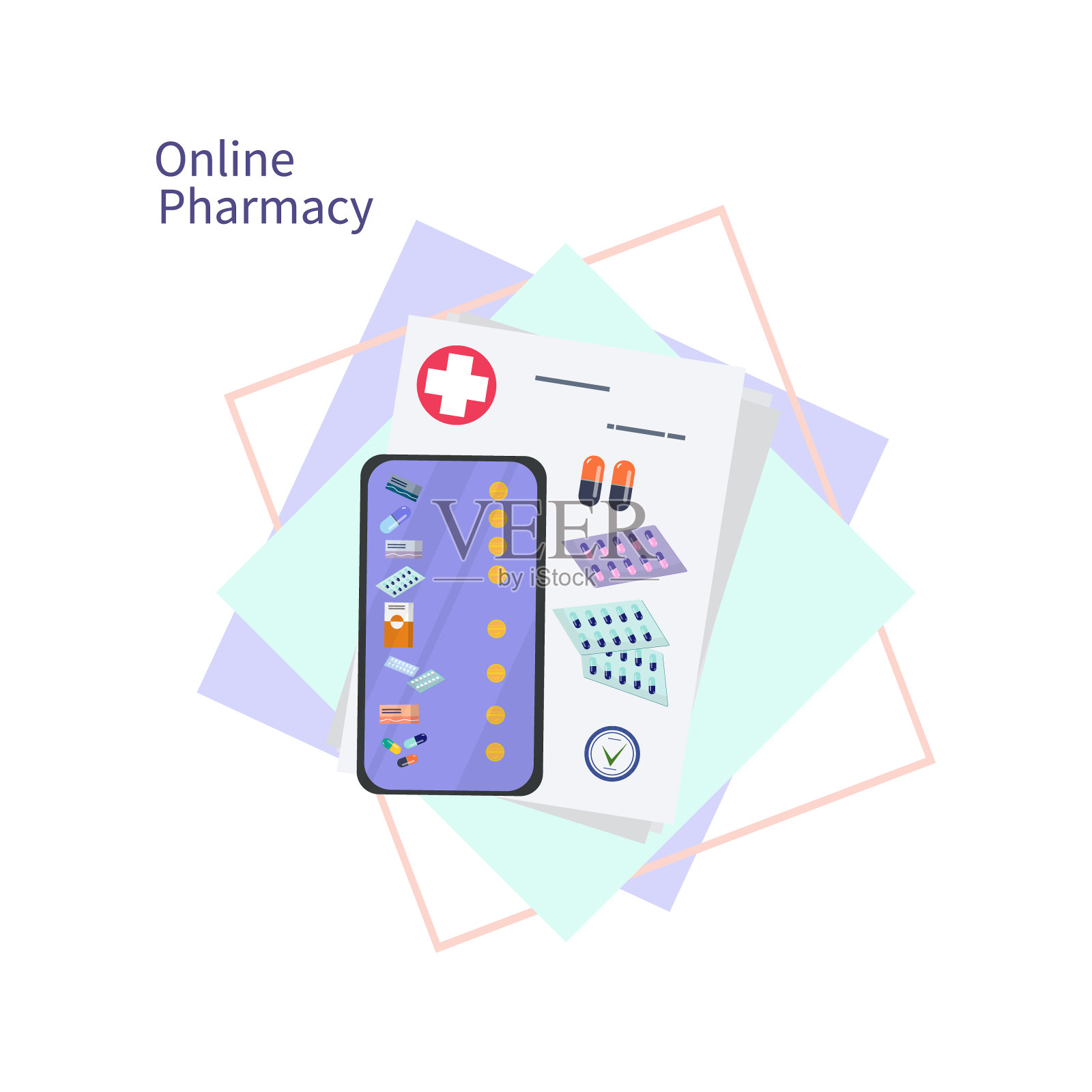 网上药店。医生的处方，医疗文件或价目表和智能手机屏幕。平板电脑和胶囊。医疗保健理念，网上订购、选择、网上购买药品。插画图片素材