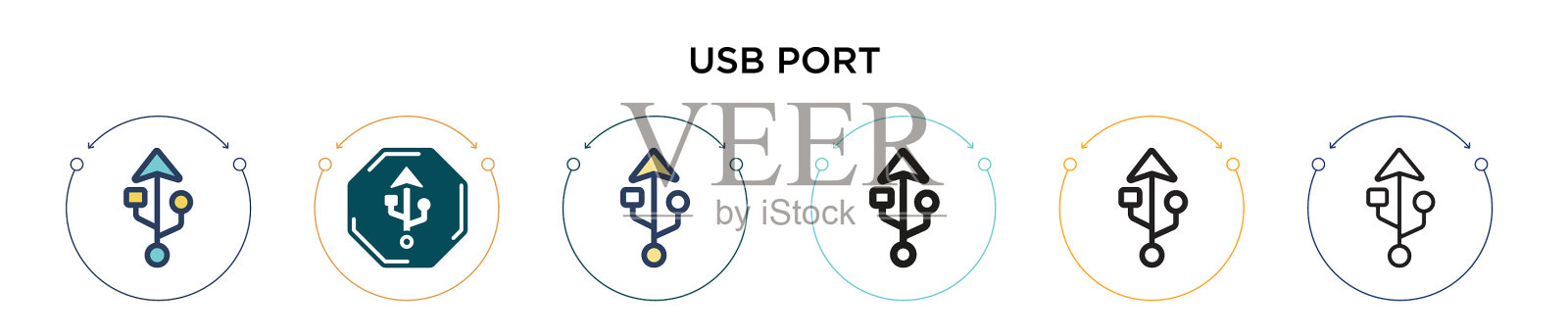 Usb端口图标在填充细线轮廓和插画图片素材