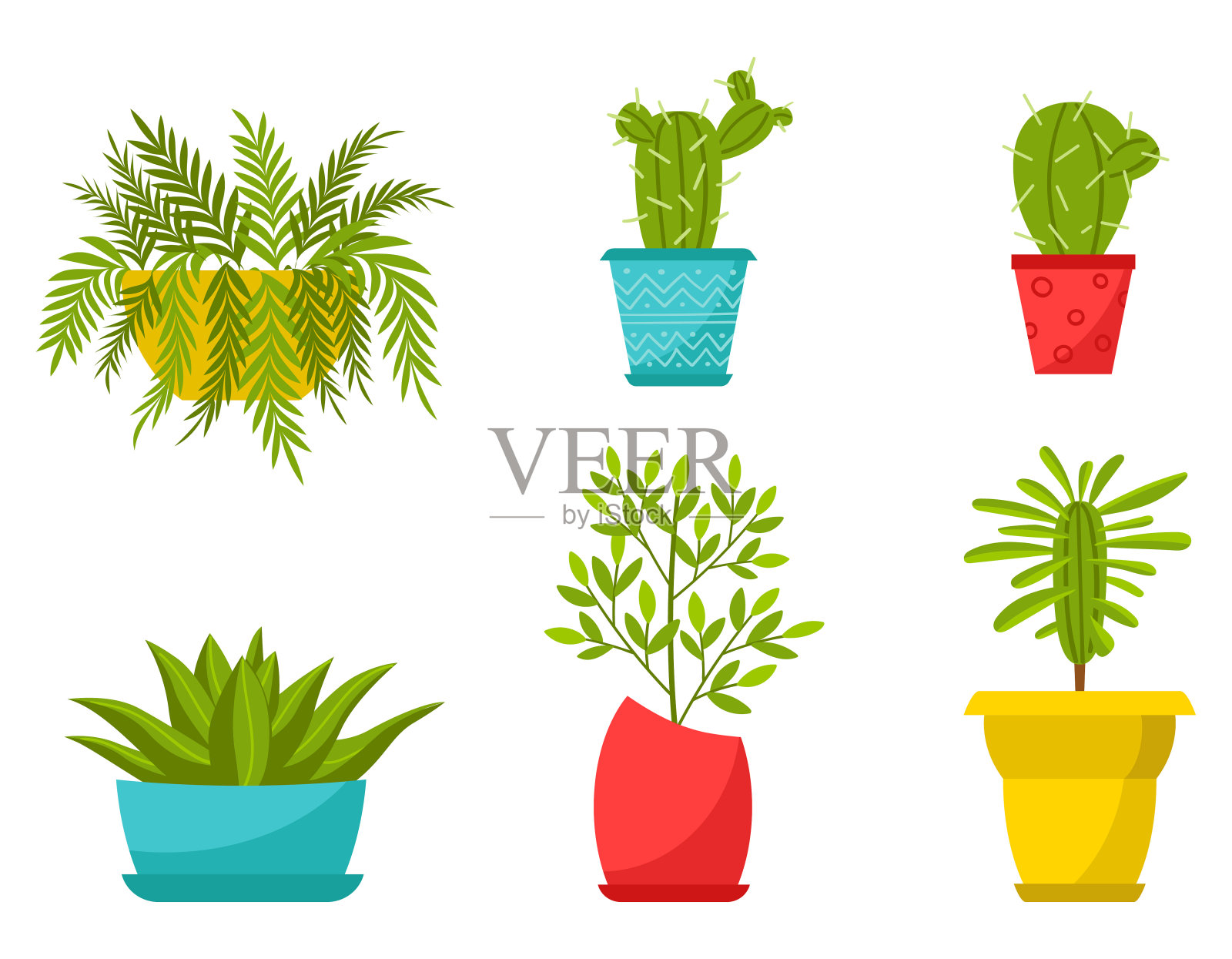 收集盆栽植物。落叶植物，花盆里的肉质植物。卡通平的风格。彩色矢量插图孤立在白色背景上插画图片素材
