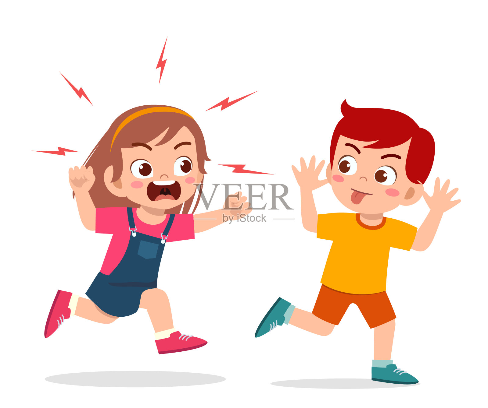 坏男孩跑了，对着愤怒的朋友扮鬼脸插画图片素材