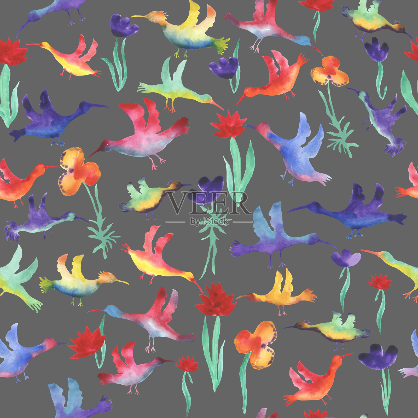 矢量无缝水彩小彩鸟带花。背景墙纸，织物，文具和剪贴簿。五彩缤纷的插画图片素材
