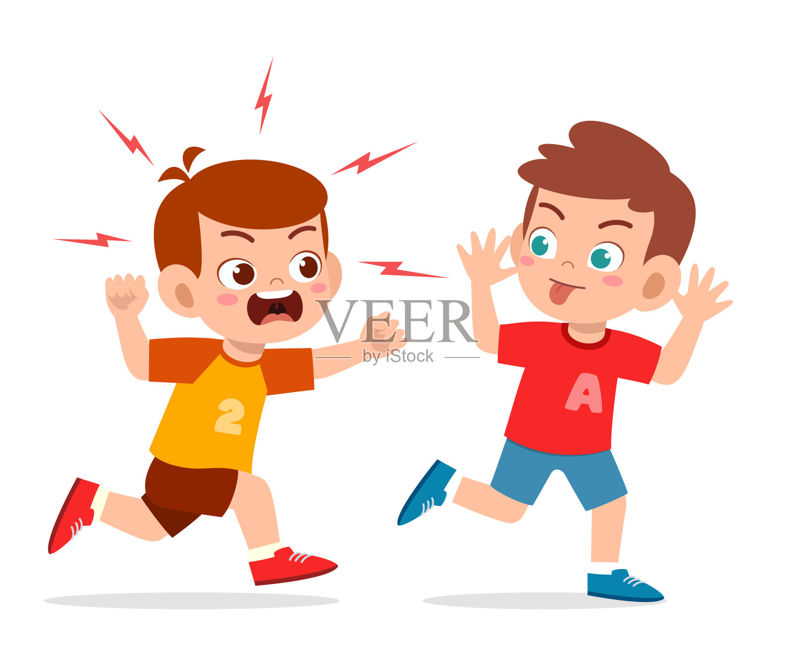 坏男孩跑了，对着愤怒的朋友扮鬼脸插画图片素材