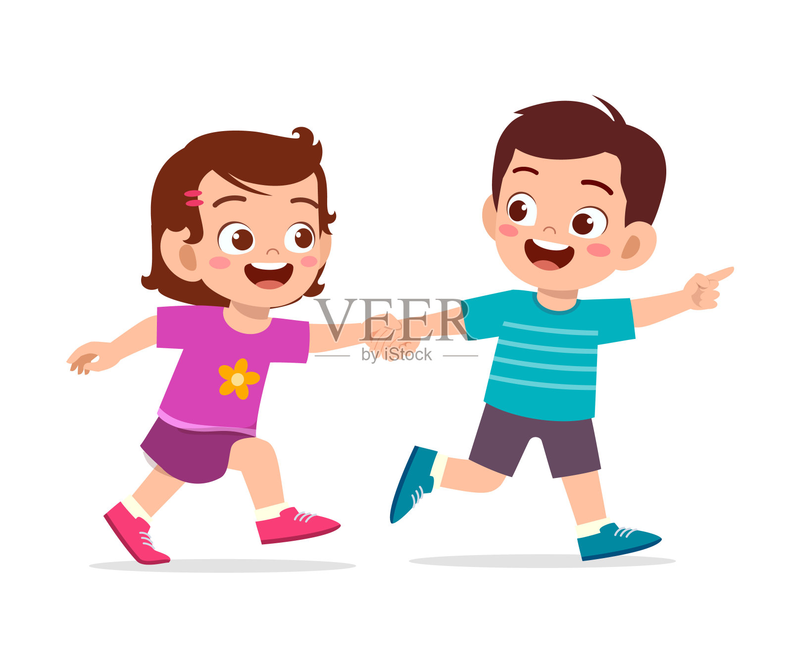 可爱的小男孩和女孩手牵着手一起走插画图片素材
