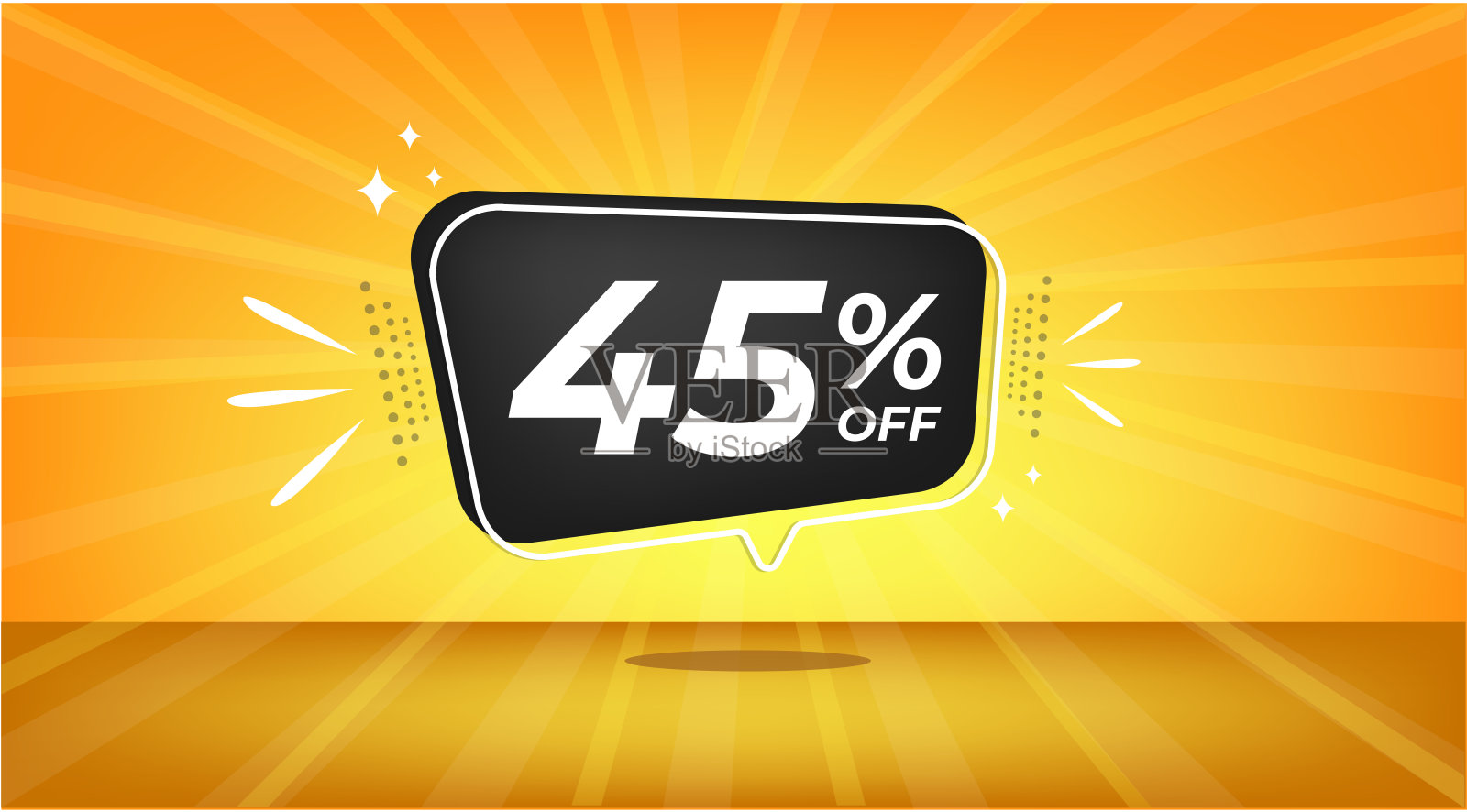 打45%。黄色横幅与45%的折扣，黑色气球的mega big销售。设计元素图片