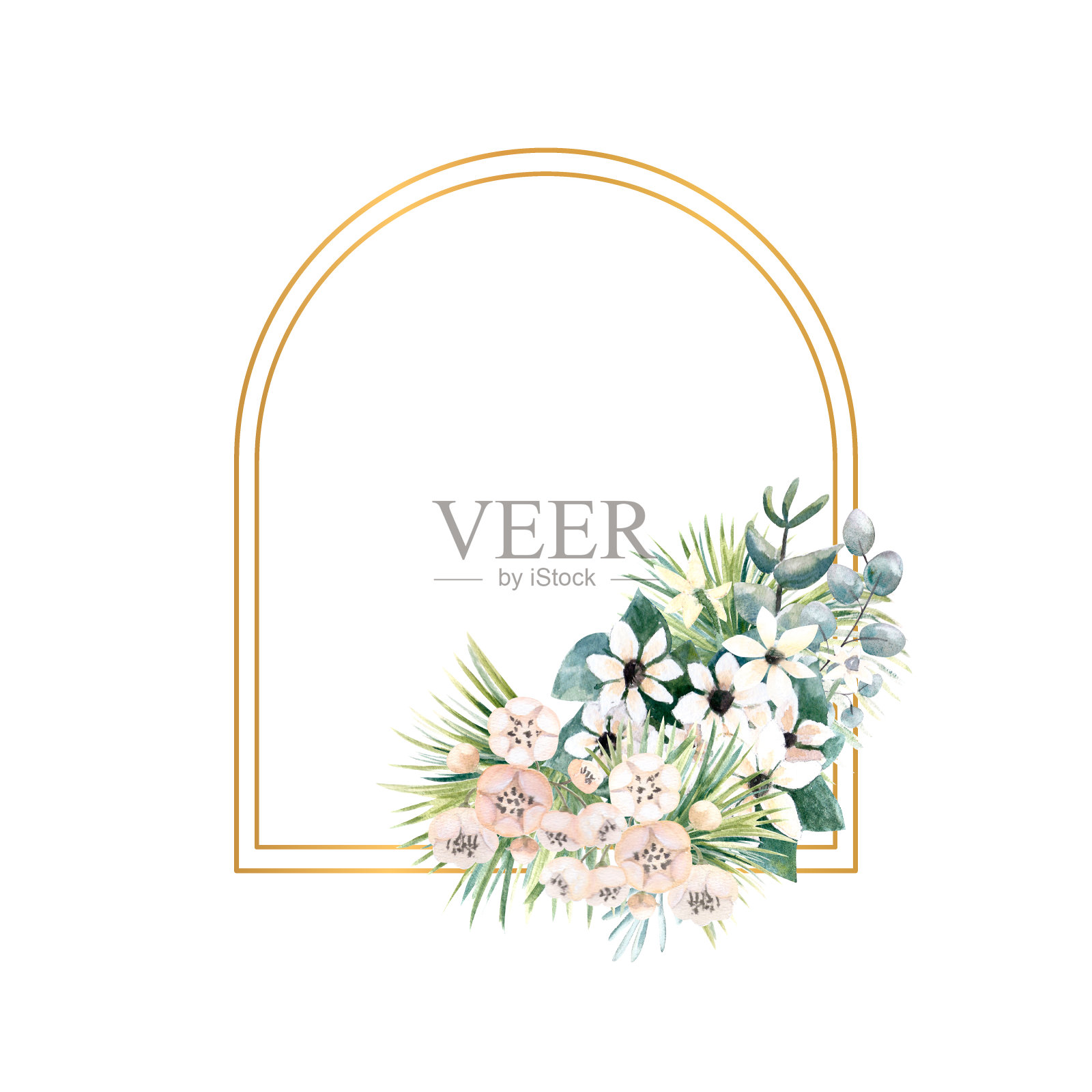 拱形的金色框架，上面有猕猴豆，布瓦迪亚，热带和棕榈叶的小花。婚礼花束的相框设计为一款时尚的请柬。水彩画插图插画图片素材