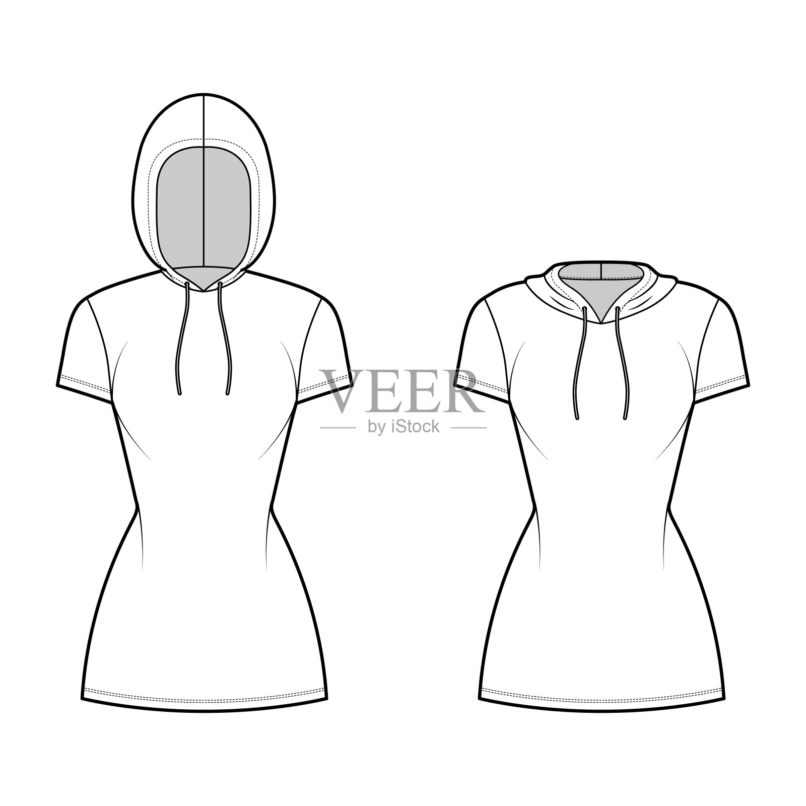 一套拉链连帽衫连衣裙技术时尚插图短袖，迷你长度，合身的身体，铅笔丰满插画图片素材