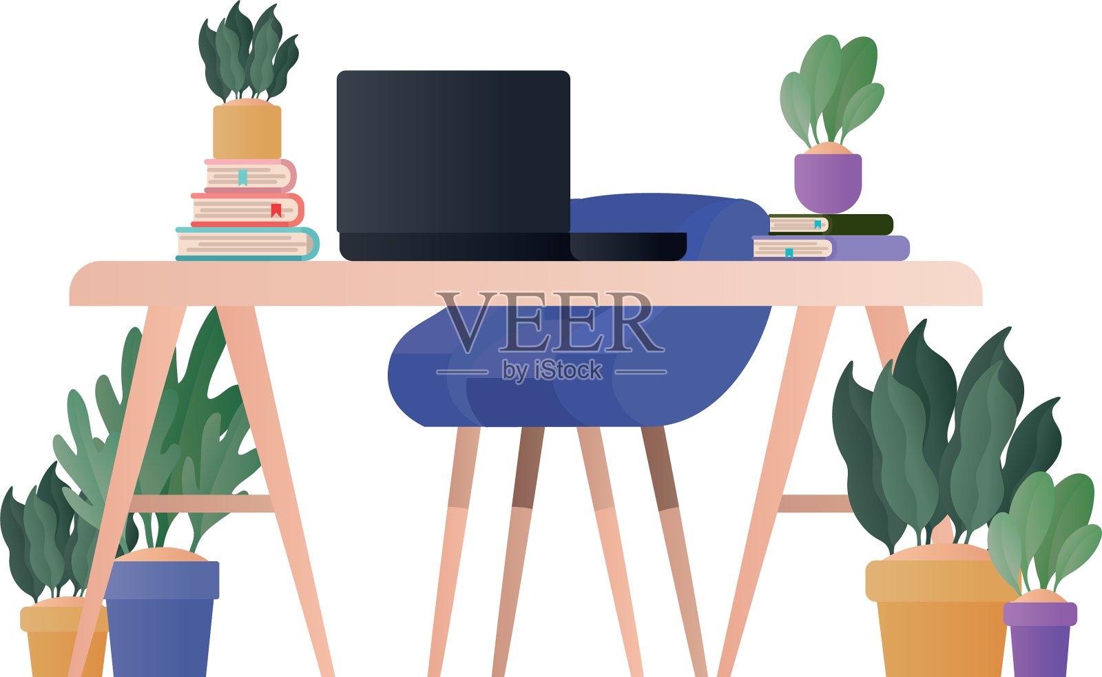 有笔记本电脑、书籍、植物和椅子的书桌插画图片素材