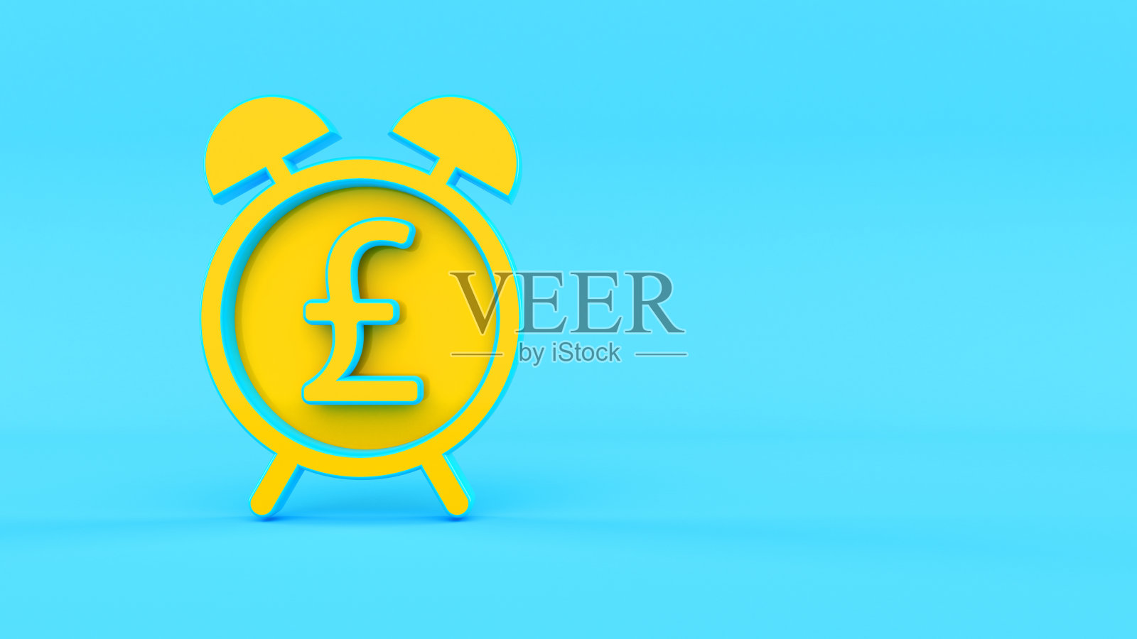 黄色英镑符号和黄色时钟金融时间概念上的蓝色背景照片摄影图片