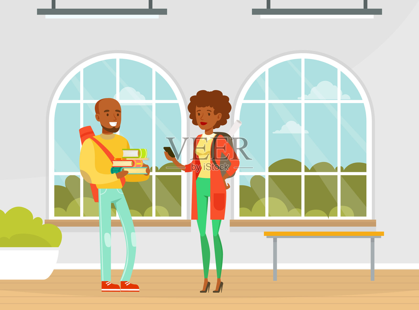 开朗的大学生背着双肩包插画图片素材