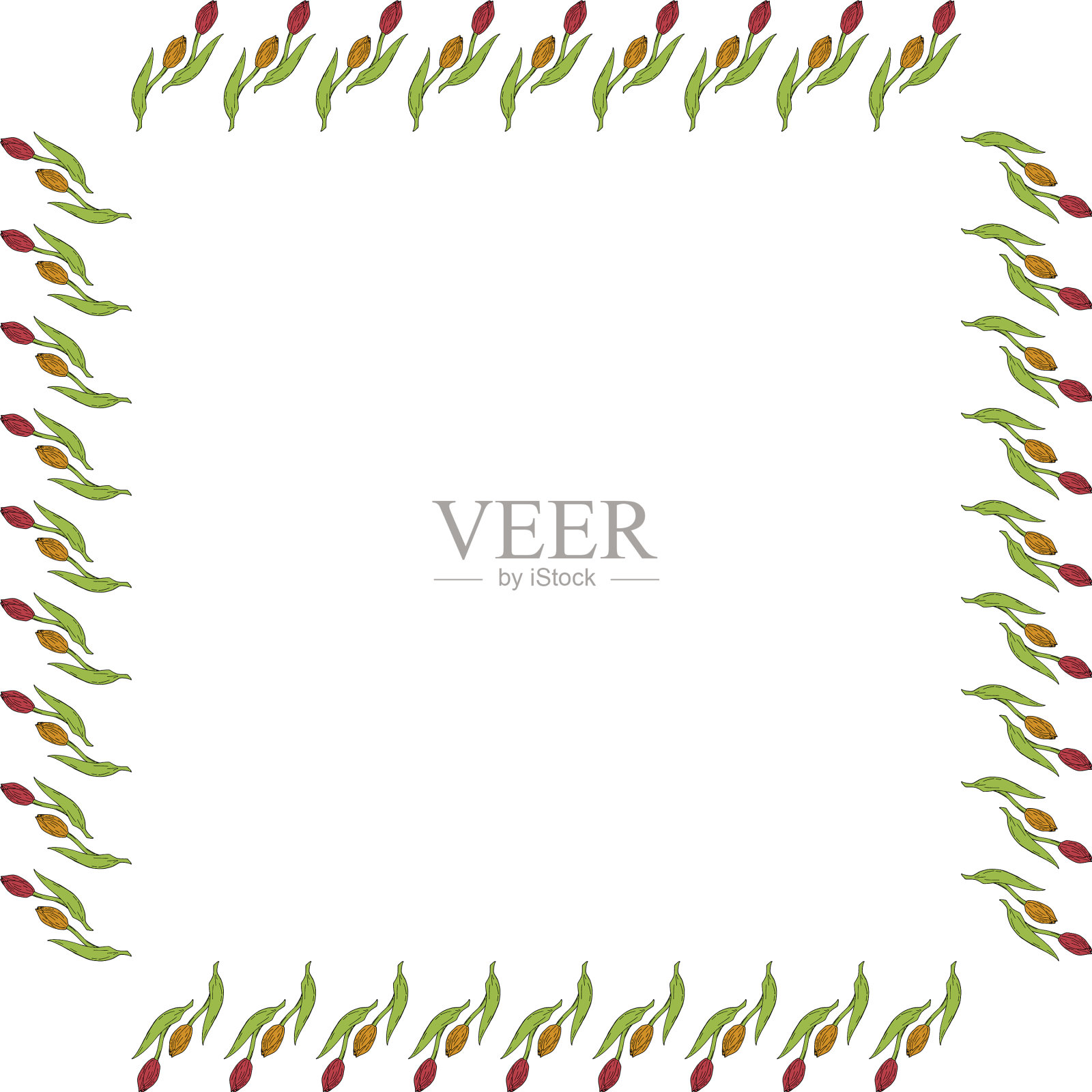 方形框架与积极的红色和橙色郁金香插画图片素材