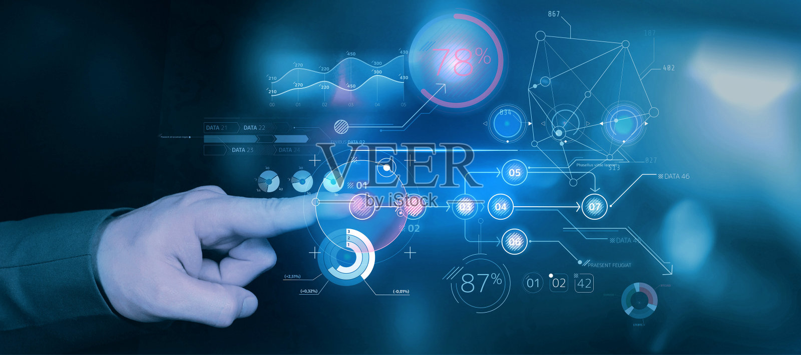 增强现实通过触摸推出抽象的信息图表。照片摄影图片
