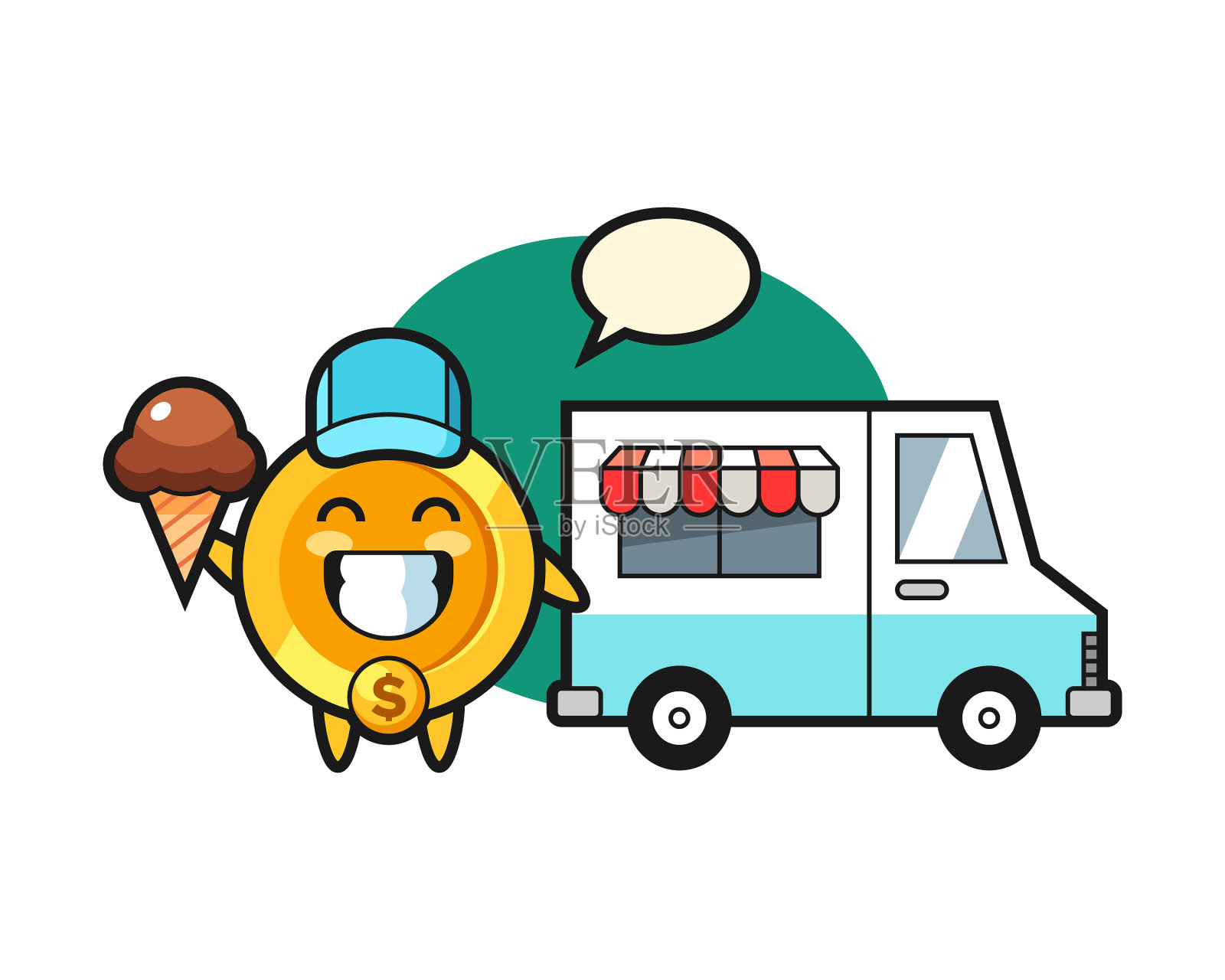 吉祥物卡通一元硬币与冰淇淋车插画图片素材