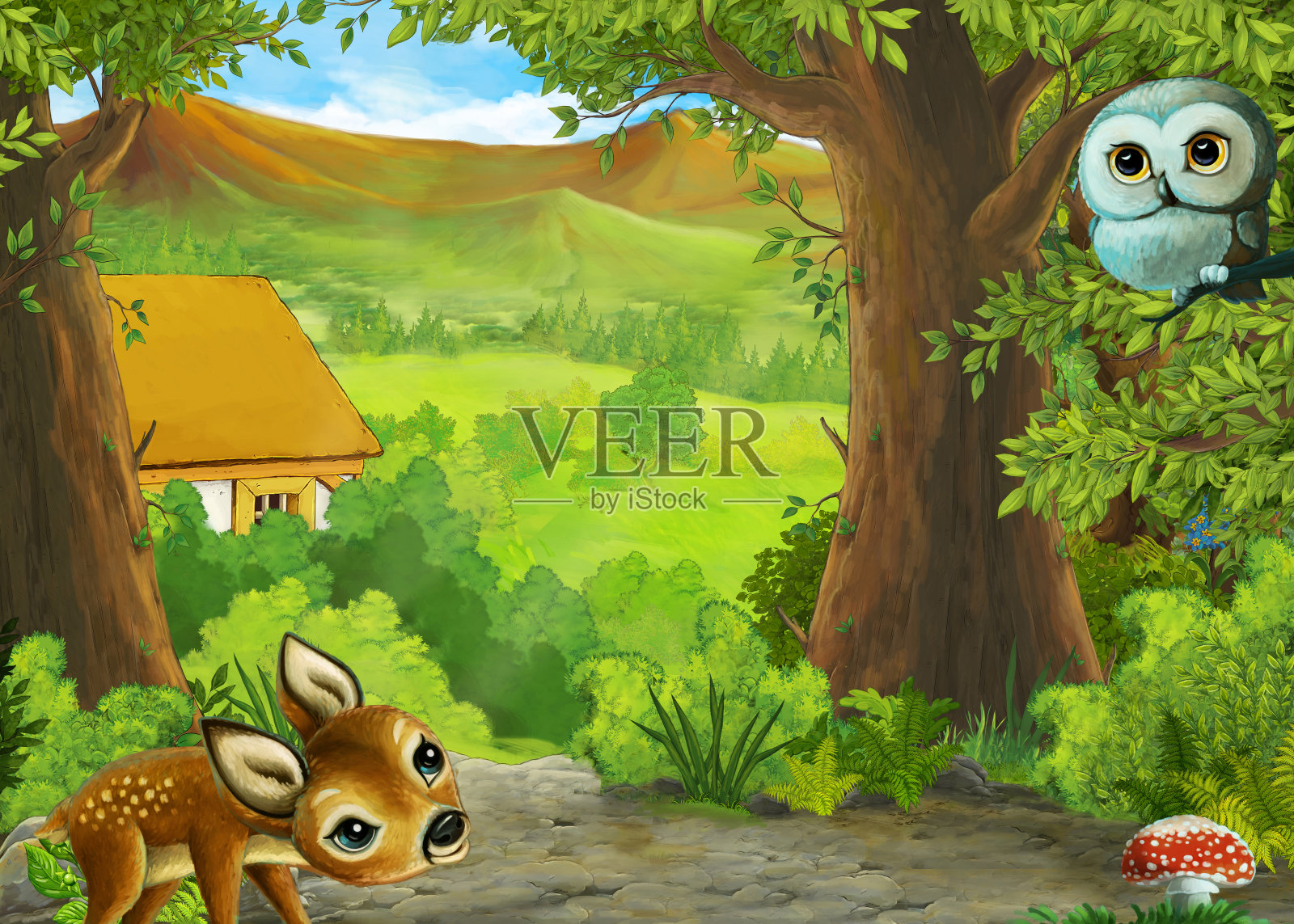 卡通自然场景附近的森林与路径插图插画图片素材