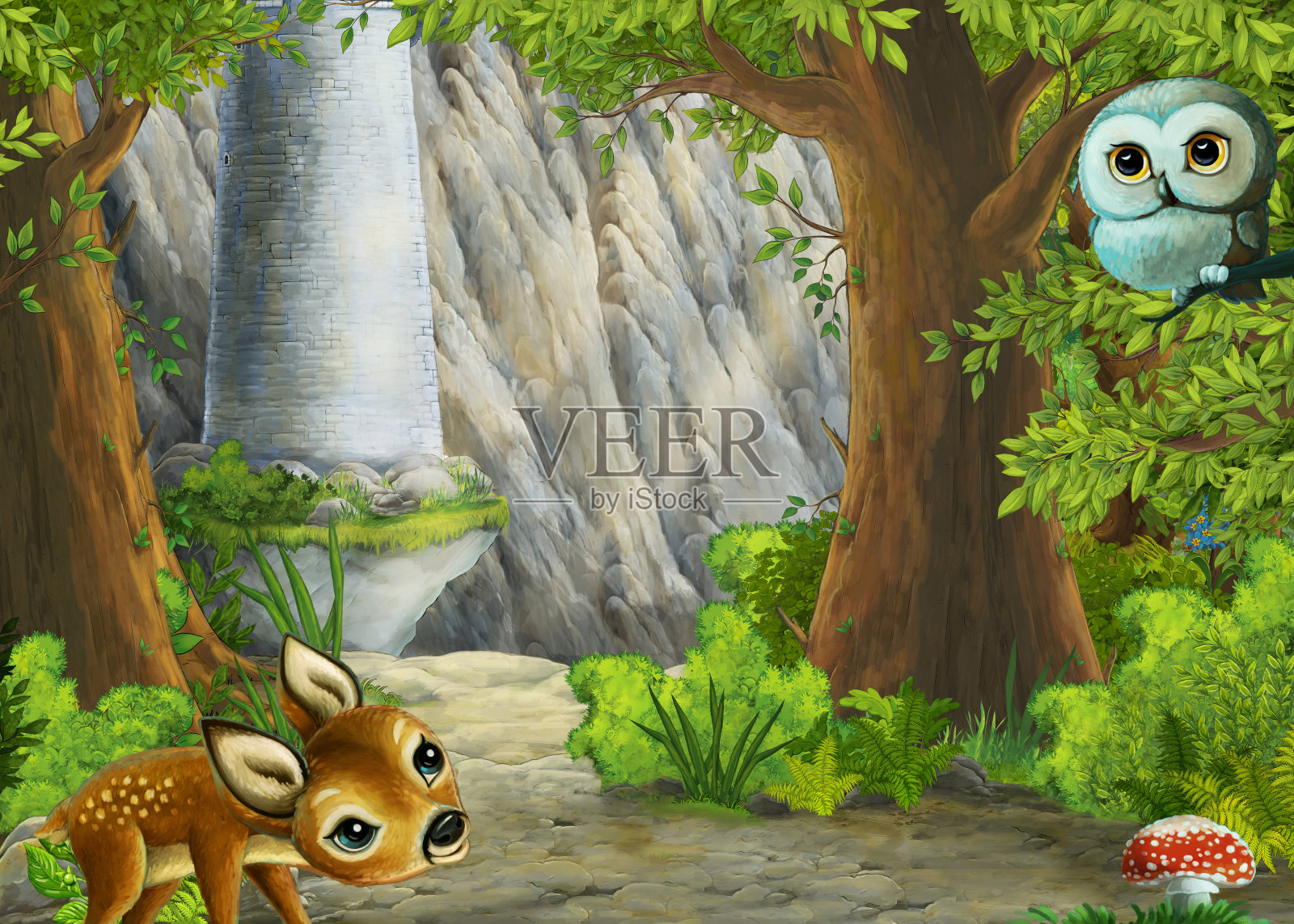 卡通自然场景附近的森林与路径插图插画图片素材