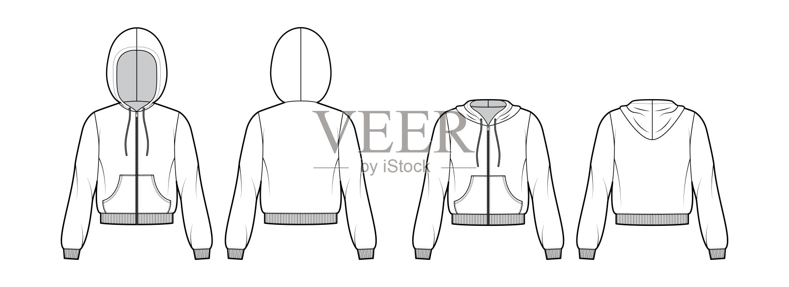 套拉链帽衫运动衫技术时尚插画与长袖，放松身体，袋鼠袋，针织袖口设计元素图片