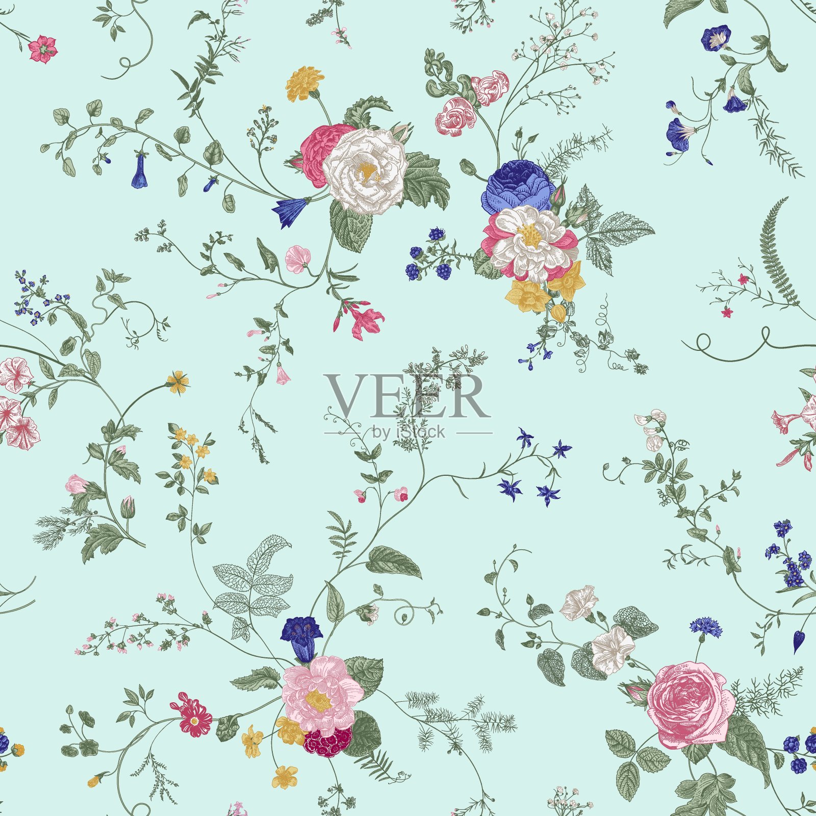 复古花无缝图案。维多利亚时代。薄荷插画图片素材