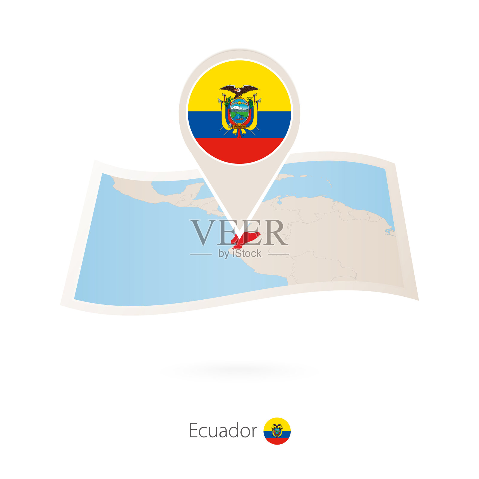 折叠纸地图厄瓜多尔与国旗别针插画图片素材