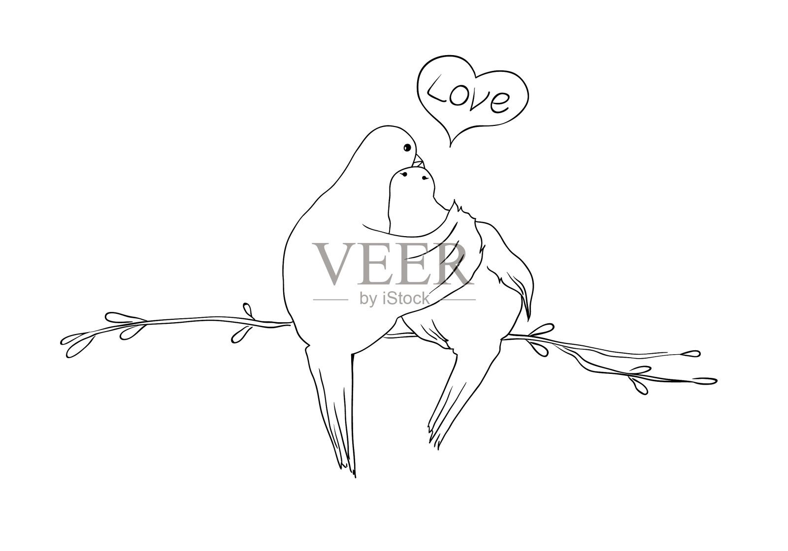两只鸽子坐在树枝上接吻插画图片素材