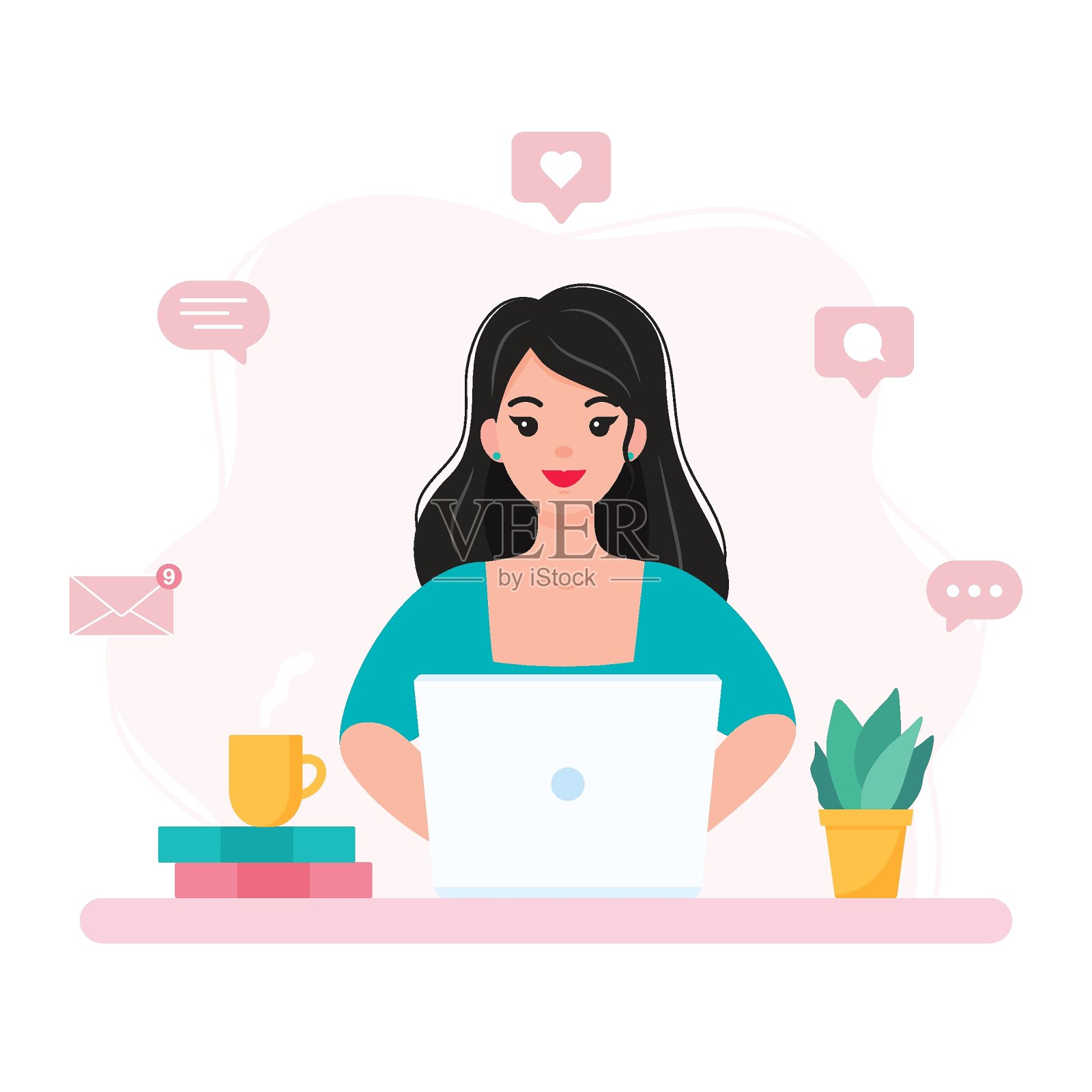 年轻女性在家工作，学生或自由职业者。家庭办公室的概念插画图片素材