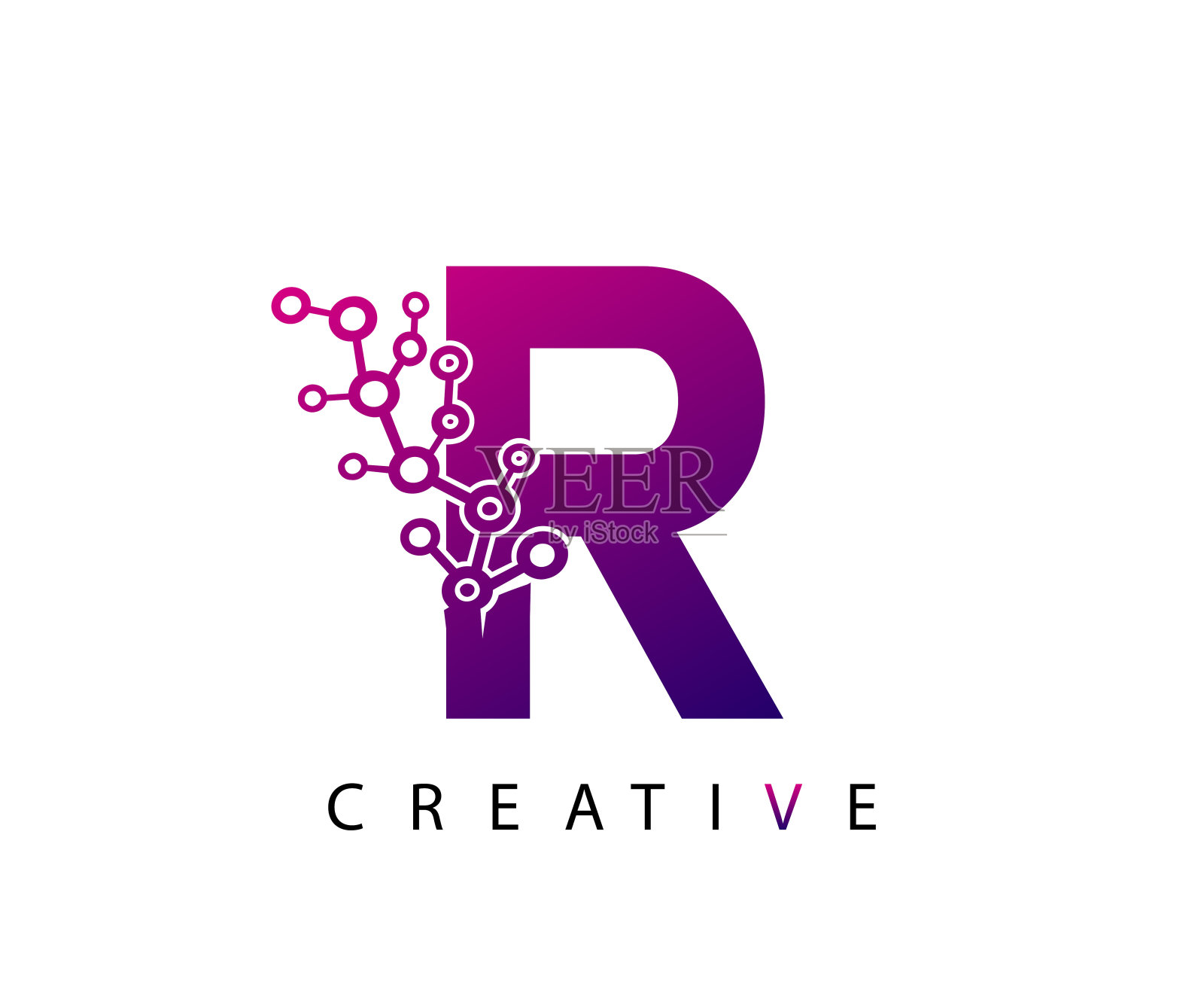 虚线R字母，抽象技术图标设计。插画图片素材