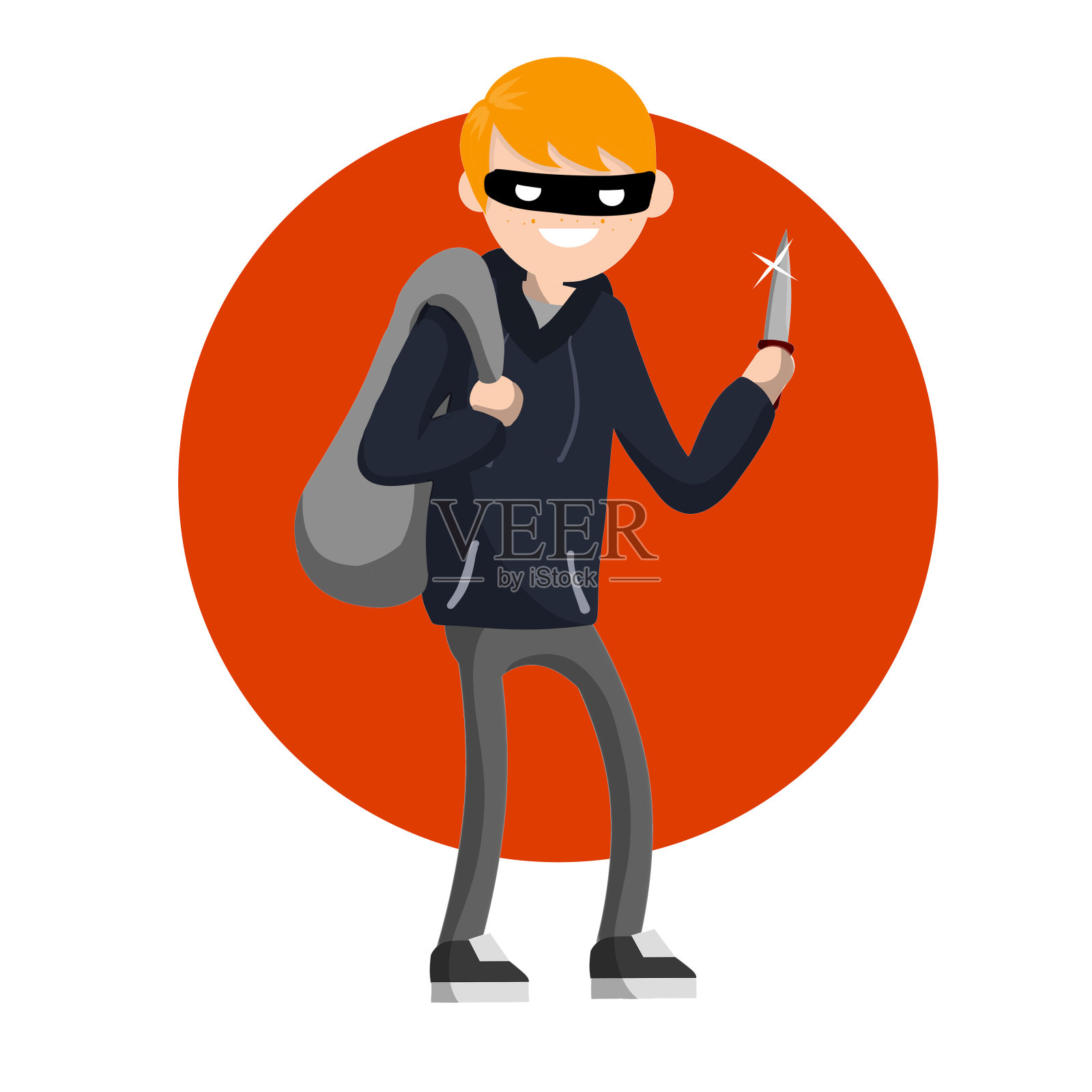 一个拿刀勒索钱财的人。手拿着麻袋和现金。插画图片素材