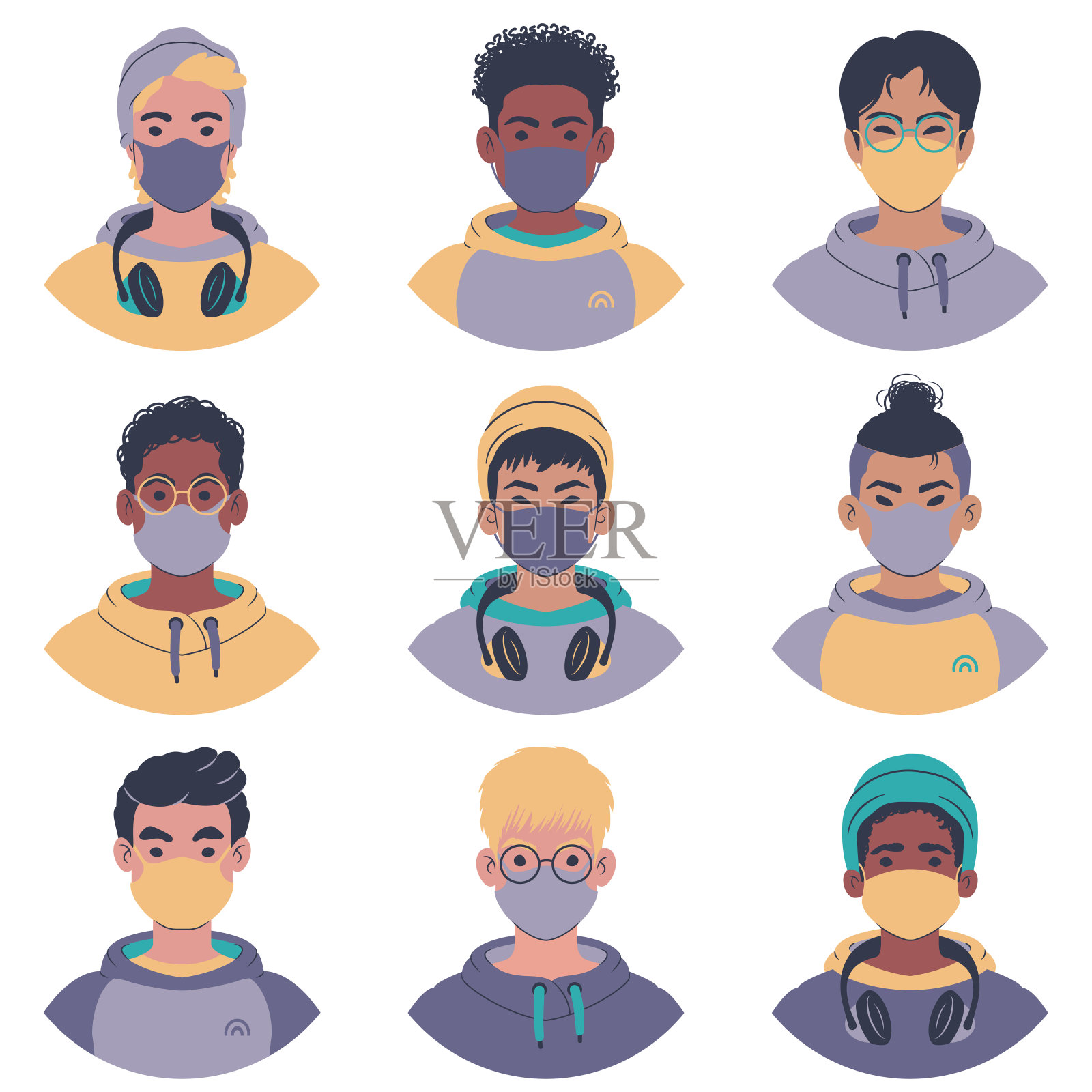 一组年轻人的肖像。插画图片素材