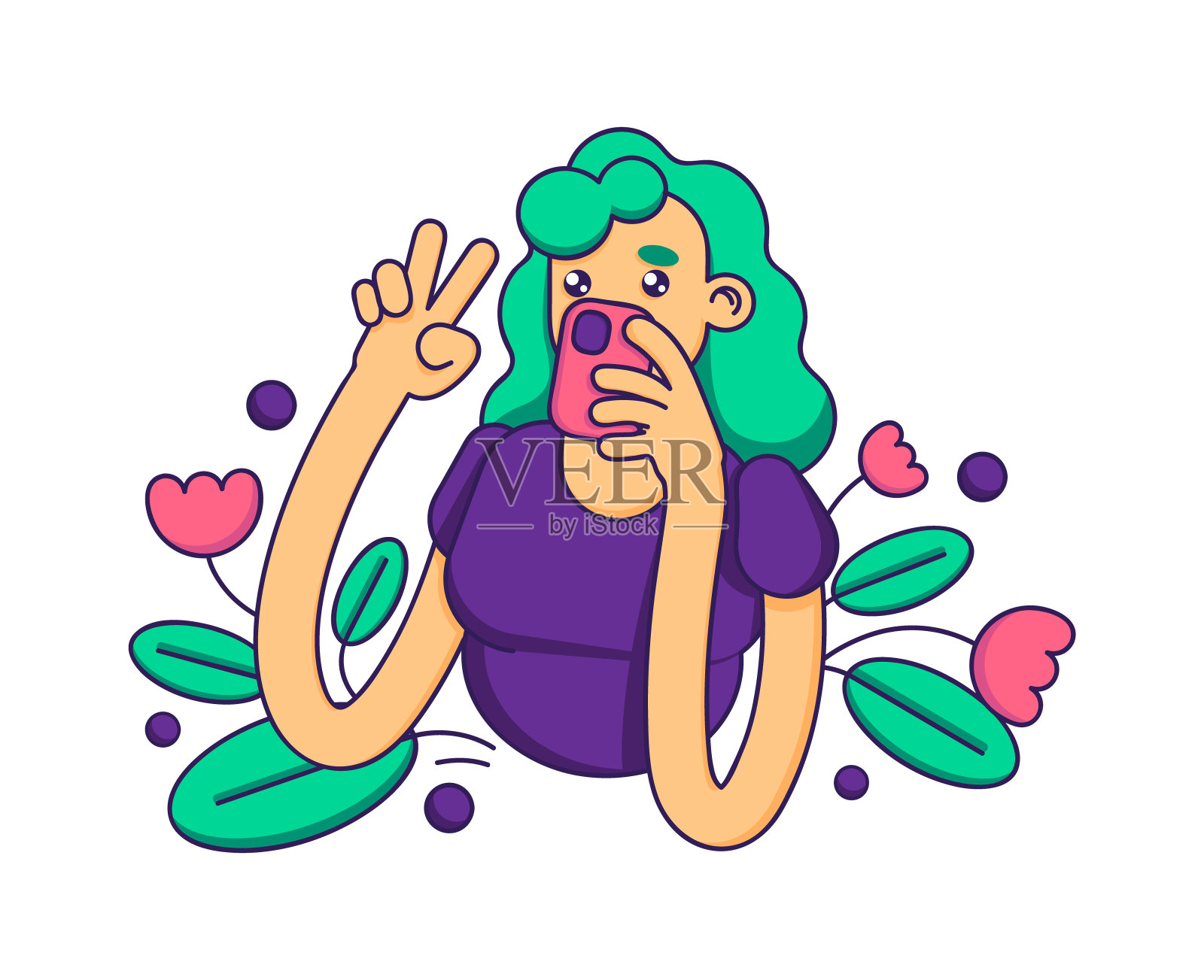 一个被植物包围的女孩的肖像。年轻女子在自拍。插画图片素材