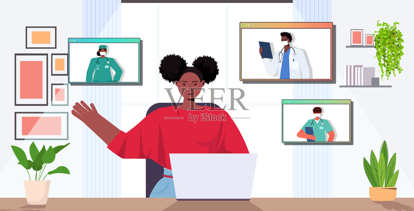 女病人在与混血医生讨论插画图片素材