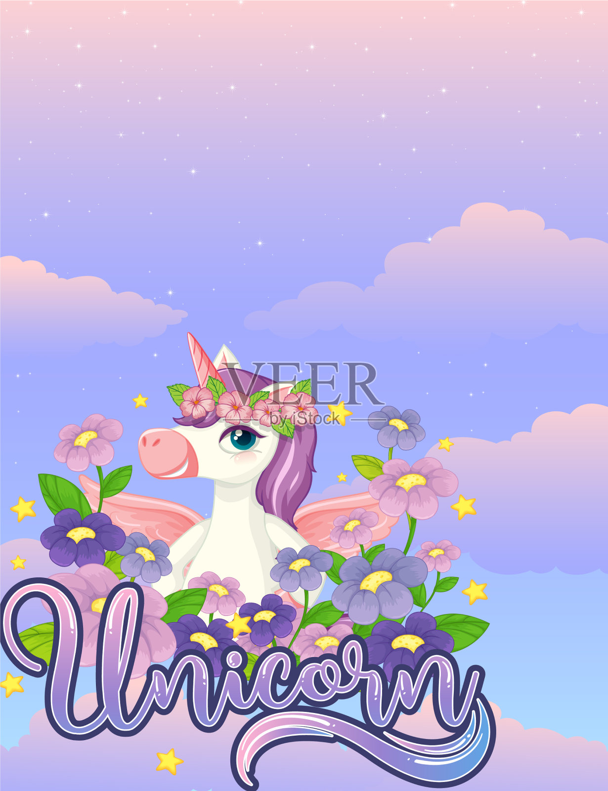 彩色天空中可爱的独角兽的空白横幅插画图片素材