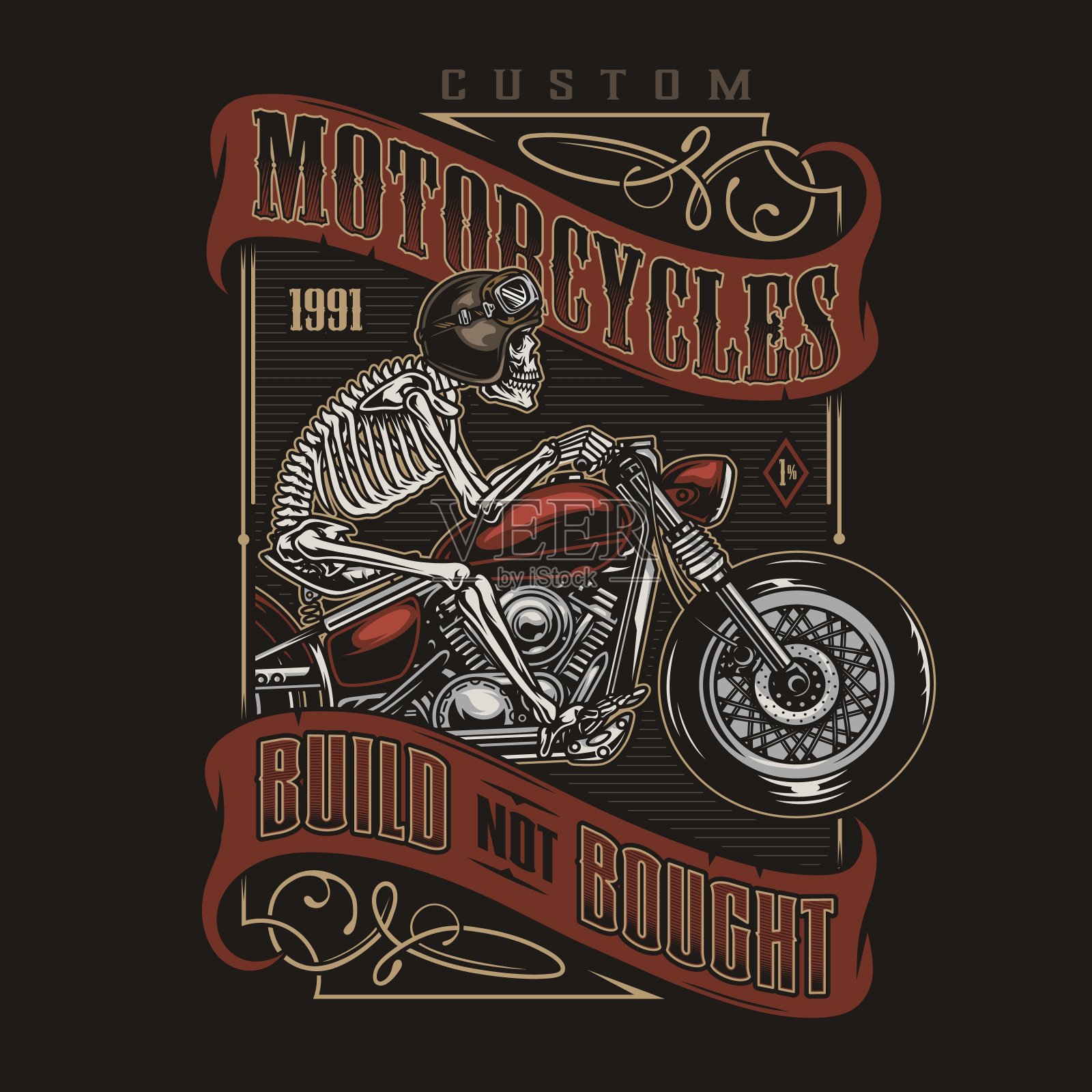 定制摩托车复古彩色标签插画图片素材