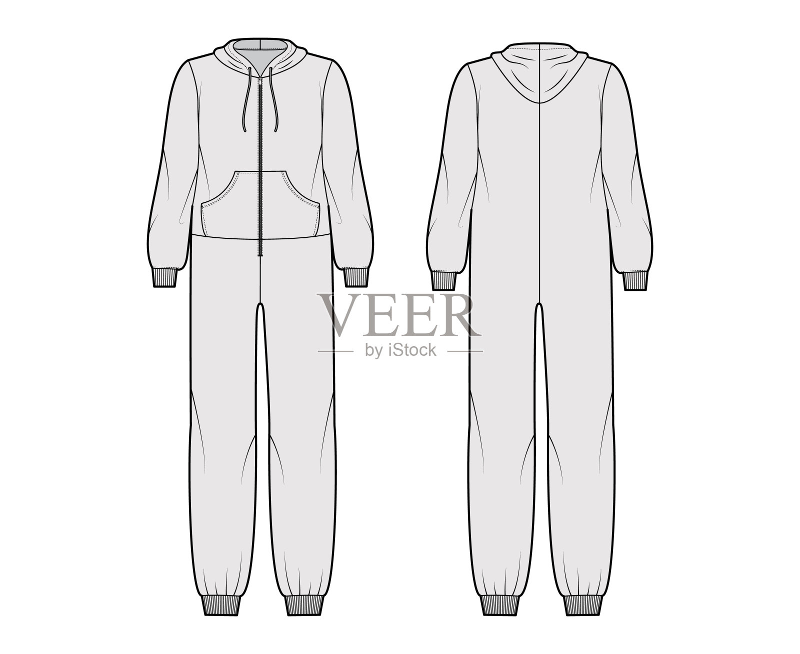 连体衣整体连体衣睡衣技术时尚插图全长，兜帽，拉链关闭，袋鼠袋设计元素图片