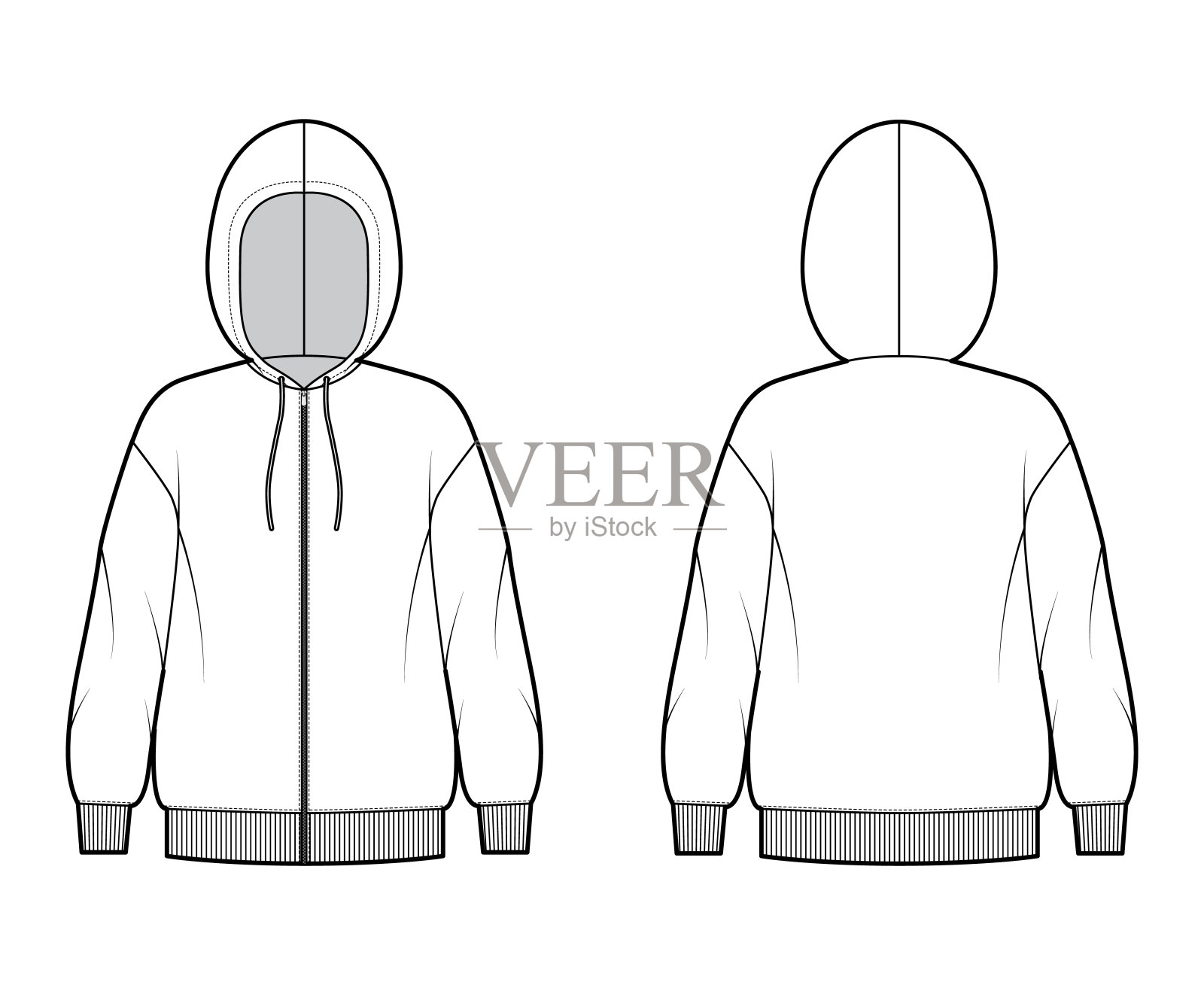 拉链连帽运动衫技术时尚插图与长袖，超大的身体，针织肋袖口，镶边下摆平插画图片素材