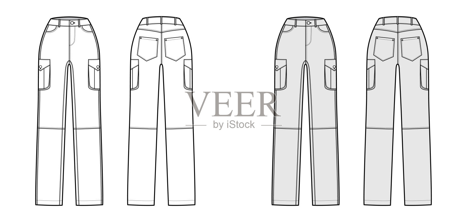 一套牛仔裤工装牛仔裤技术时尚插图与正常腰，高rise，皮带环，全长插画图片素材