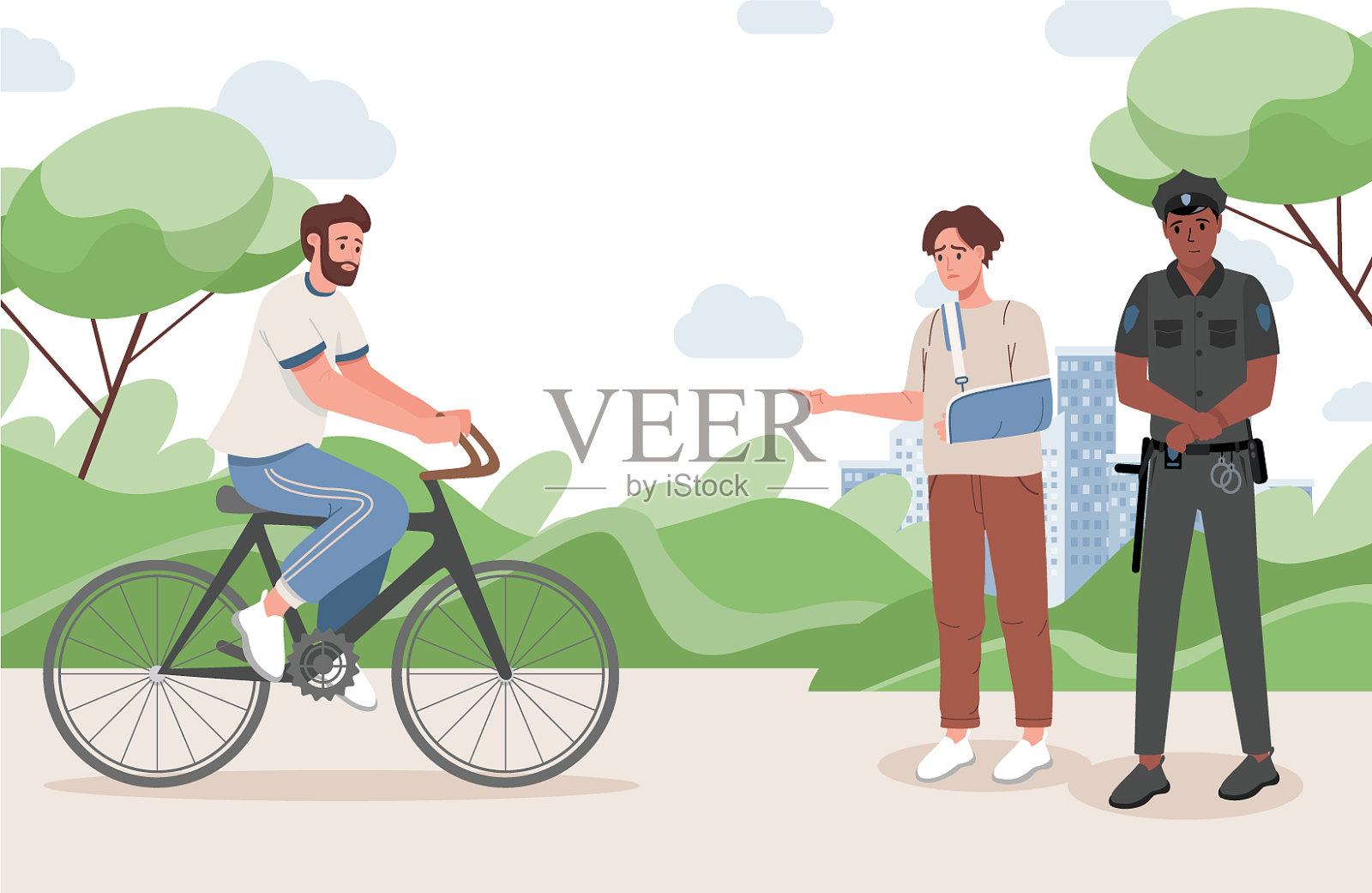 一个手臂骨折的年轻人指着警察插画图片素材